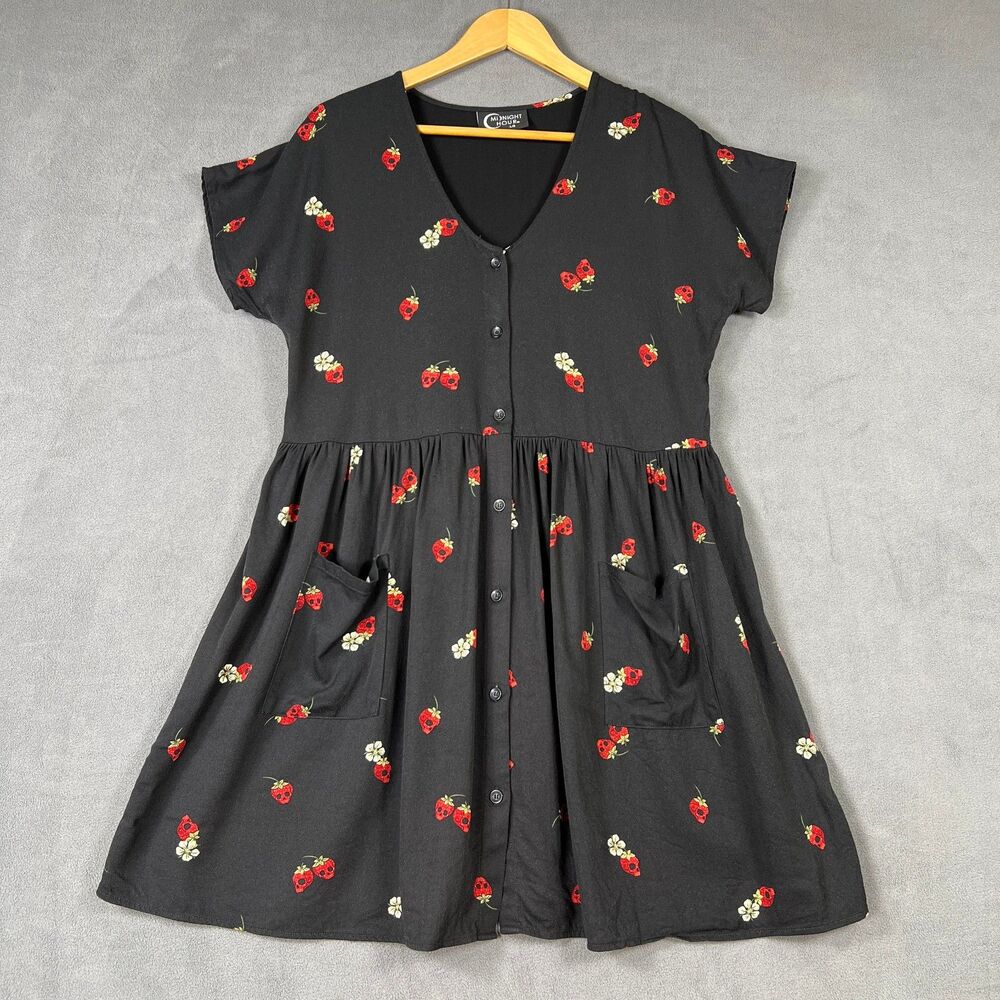 Midnight Hour Black Skull Strawberry Print Button Front Skater Dress Pockets L